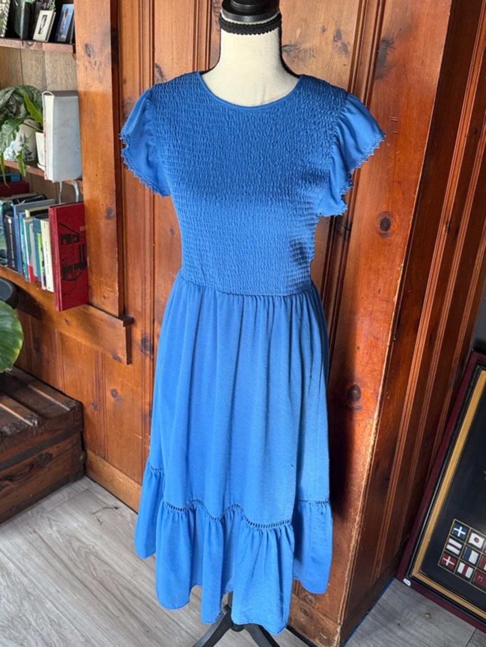 Blue Smocked Bodice Midi Dress with Flutter Sleeves - Women's